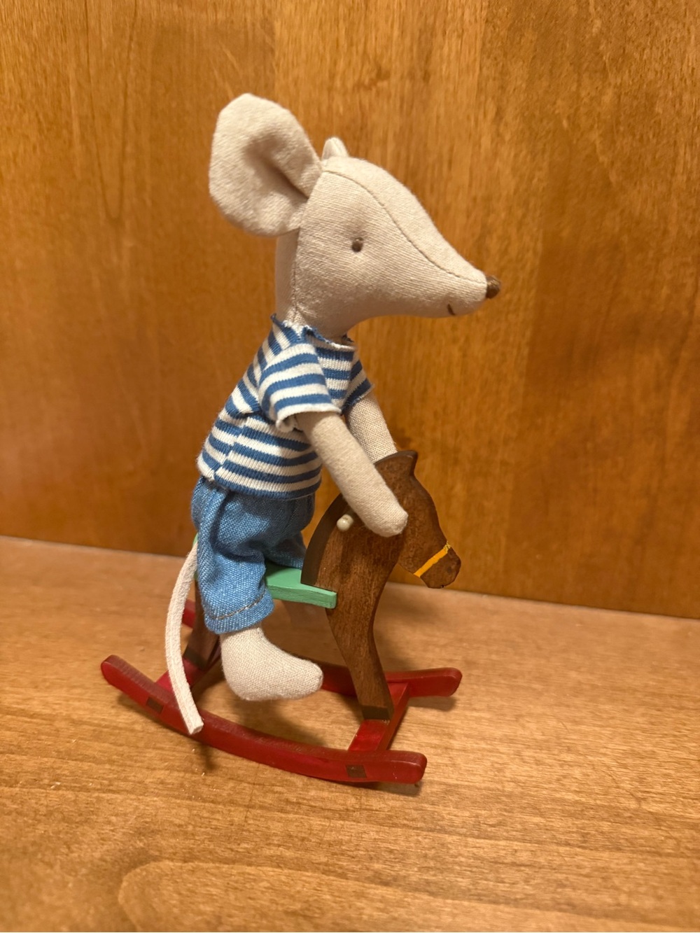 NWOT- Maileg Brother Mouse on Red Wooden Rocking Horse